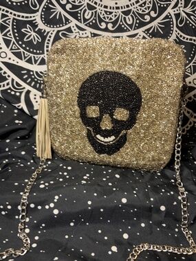 MOYNA Gold Beaded Skull Evening Clutch Crossbody Bag Gothic Glam